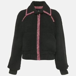 Chanel Black Logo Embroidered Shearling Zip-Up Jacket S